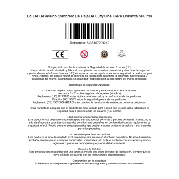 Bol De Desayuno Sombrero De Paja De Luffy One Piece Dolomita 500 mls