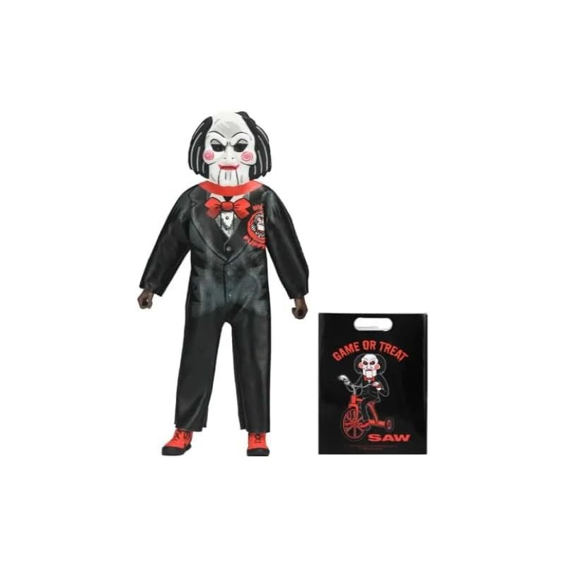 NECA Billy The Puppet Saw Movie Figura de acción vestida a escala de 6 pulgadas, traje negro con pajarita roja, exhibición de