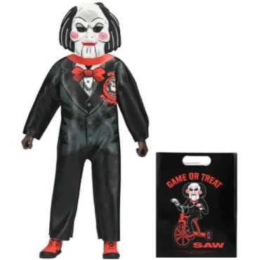 NECA Billy The Puppet Saw Movie Figura de acción vestida a escala de 6 pulgadas, traje negro con pajarita roja, exhibición de 