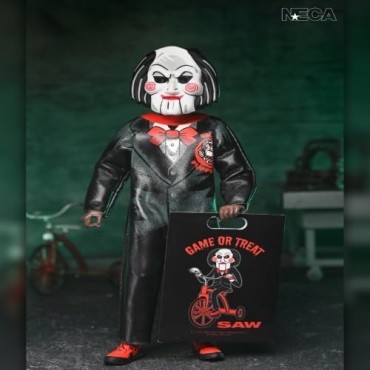 NECA Billy The Puppet Saw Movie Figura de acción vestida a escala de 6 pulgadas, traje negro con pajarita roja, exhibición de 