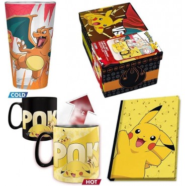 Caja Regalo Pokémon Charizard Vs Pikachu Taza Térmica Cerámica 460 mls + Cuaderno Pikachu + Vaso Cristal 400 mls