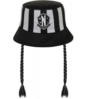 Gorro Pesquero Rayas Grises Con Trenzas Wednesday Miércoles Addams