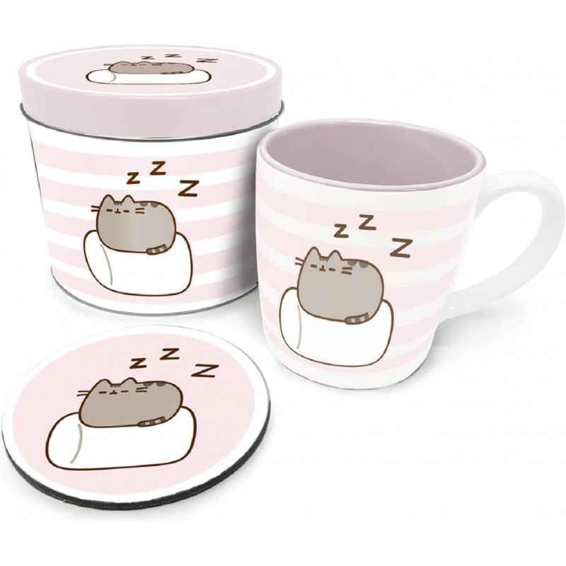 Set Lata Regalo Pusheen The Cat Marshmallow Con Taza, Posavasos Y Lata De Recuerdo Cerámica 315 mls