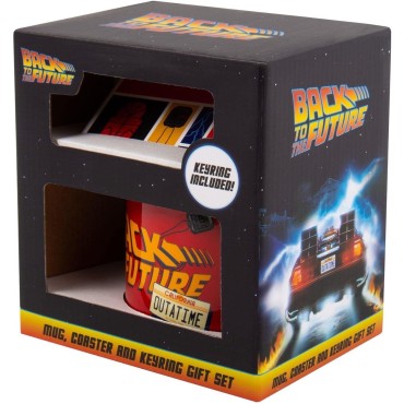 Set de Regalo Taza + Posavasos + Llavero Metálico Regreso al Futuro Back to the Future Cerámica 420 mls