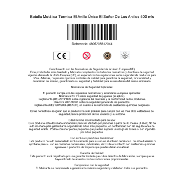 Botella Metálica Térmica El Anillo Único El Señor De Los Anillos 500 mls